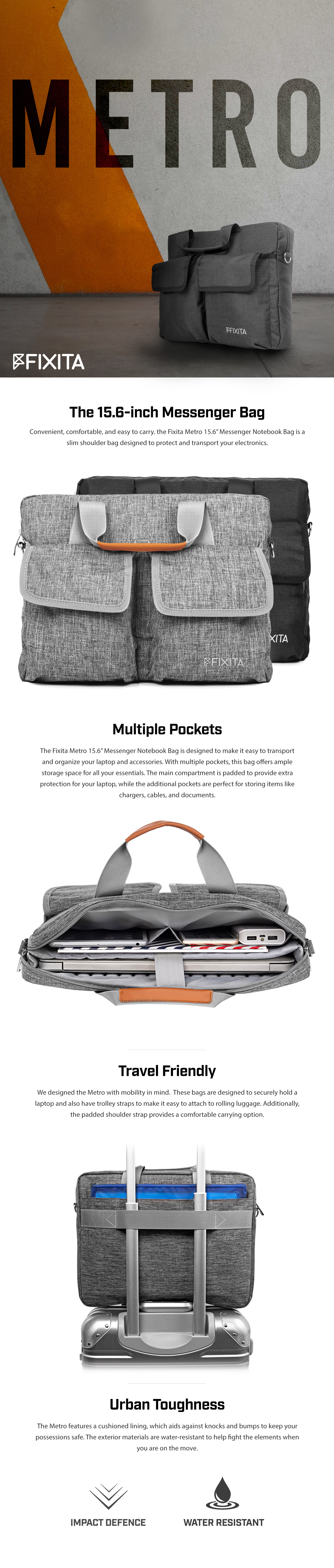 A large marketing image providing additional information about the product Fixita Metro 15.6" Black Messenger Notebook Bag - Additional alt info not provided