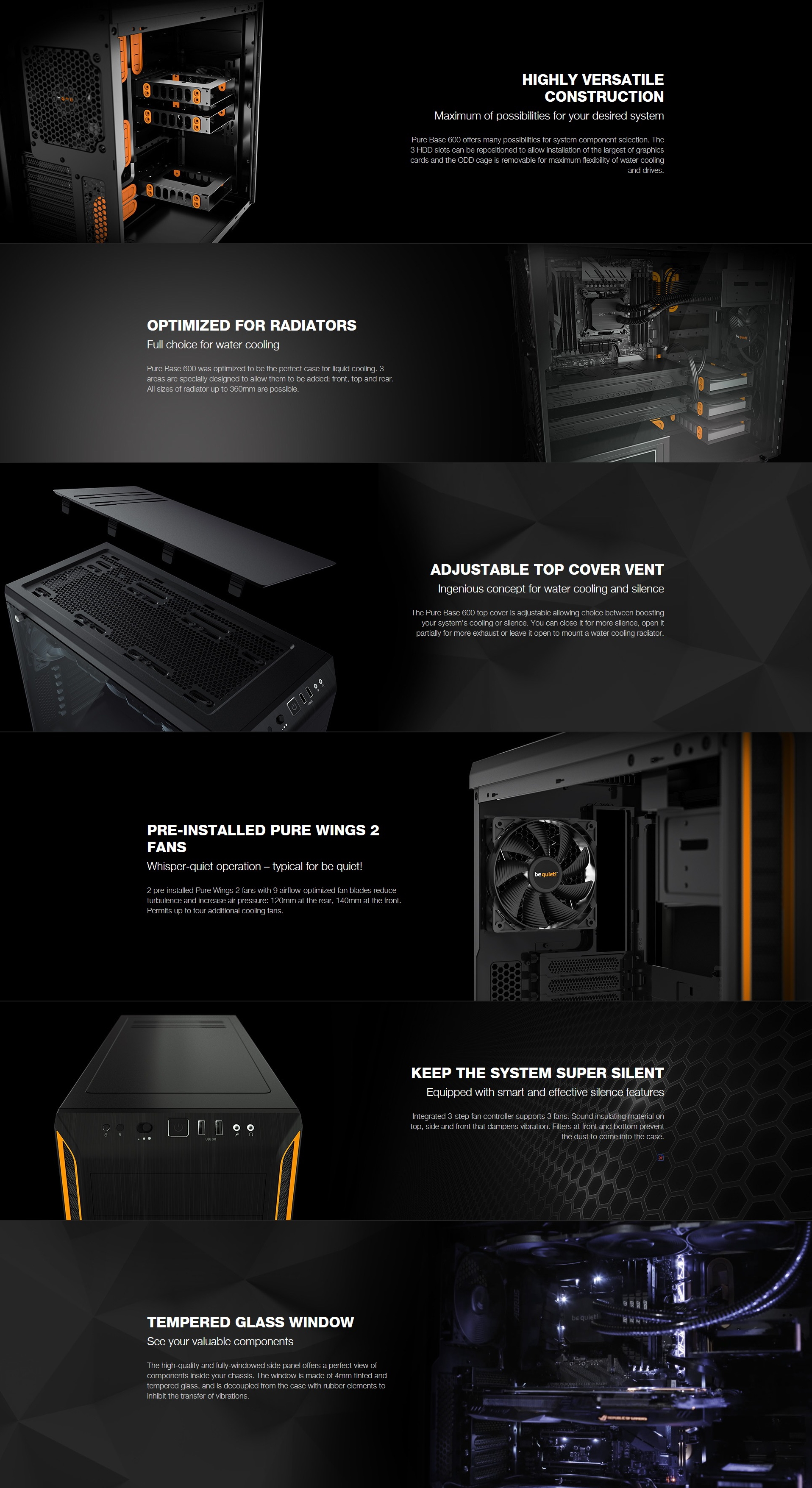 A large marketing image providing additional information about the product be quiet! PURE BASE 600 TG Mid Tower Case - Orange - Additional alt info not provided