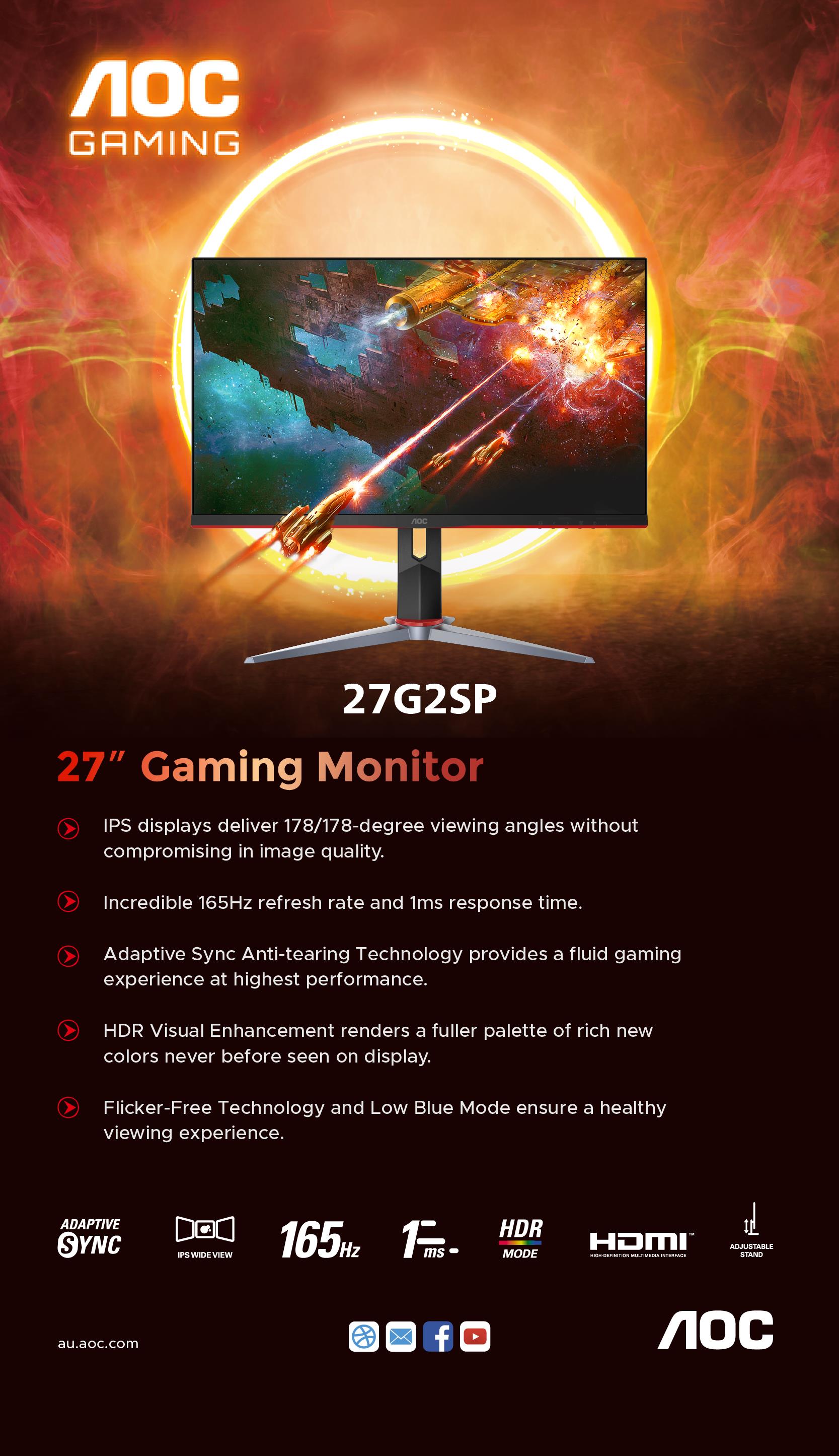 A large marketing image providing additional information about the product AOC Gaming 27G2SP - 27" FHD 165Hz IPS Monitor - Additional alt info not provided