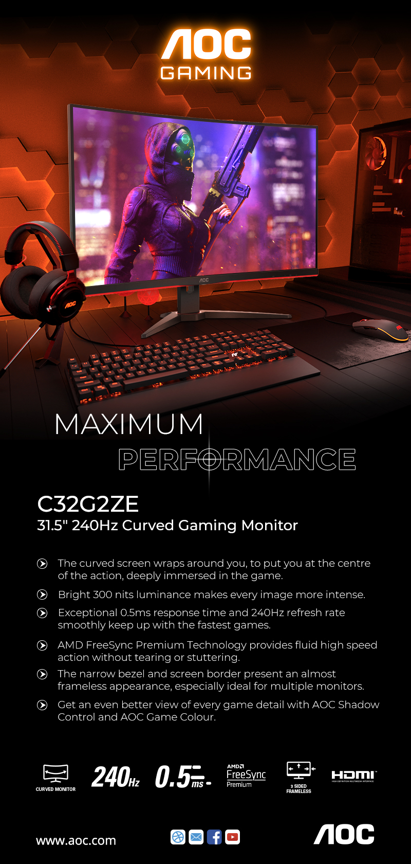 A large marketing image providing additional information about the product AOC Gaming C32G2ZE - 32" Curved FHD 240Hz VA Monitor - Additional alt info not provided