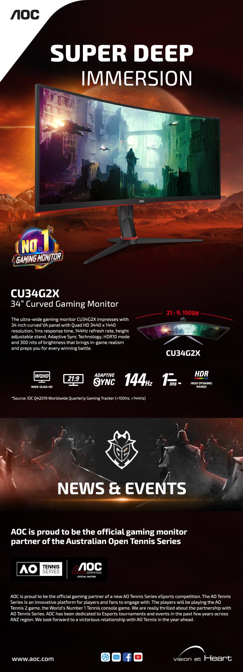 A large marketing image providing additional information about the product AOC Gaming CU34G2X - 34" Curved UWQHD Ultrawide 144Hz VA Monitor - Additional alt info not provided