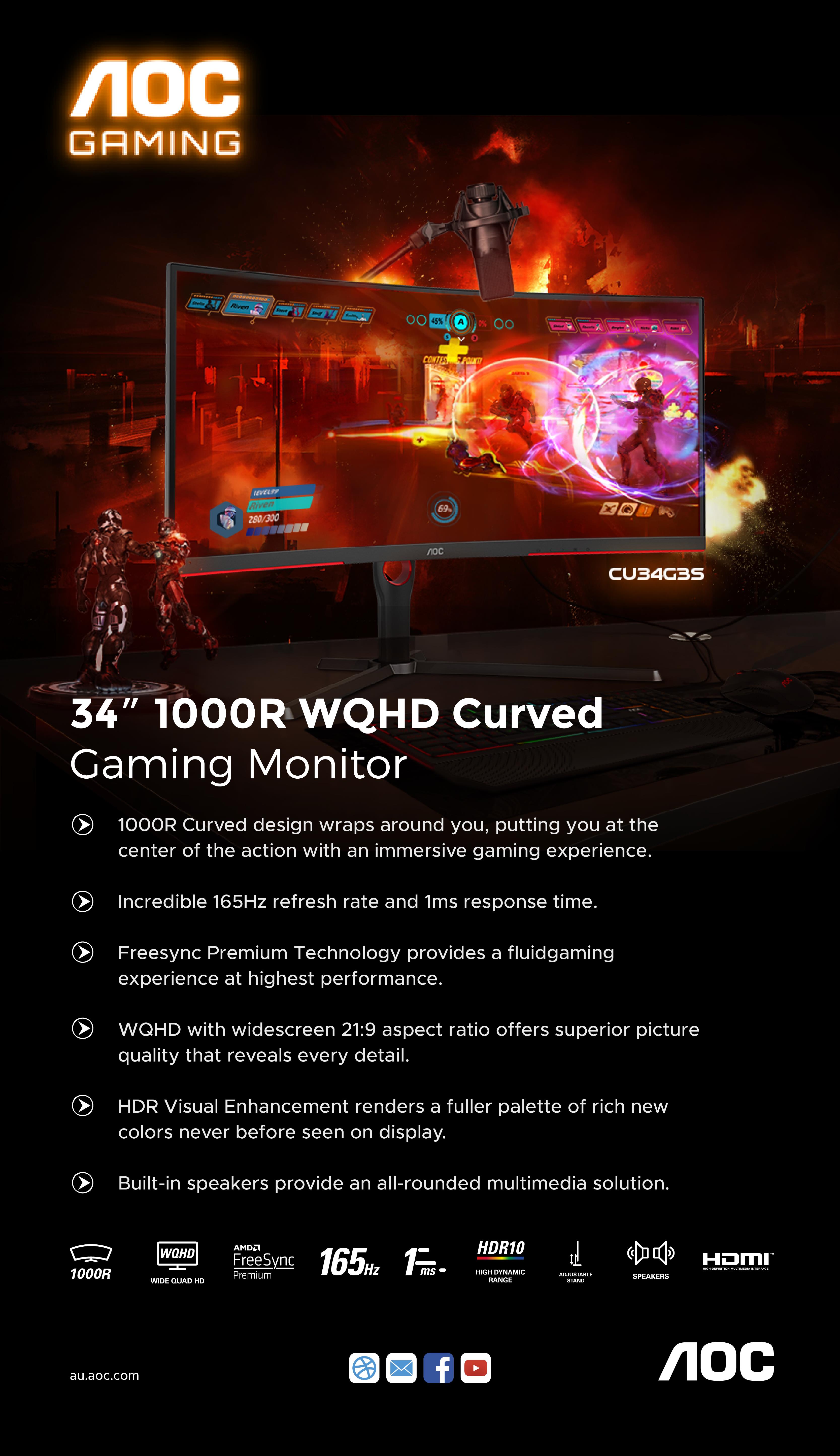 A large marketing image providing additional information about the product AOC Gaming CU34G3S - 34" Curved UWQHD Ultrawide 165Hz VA Monitor - Additional alt info not provided