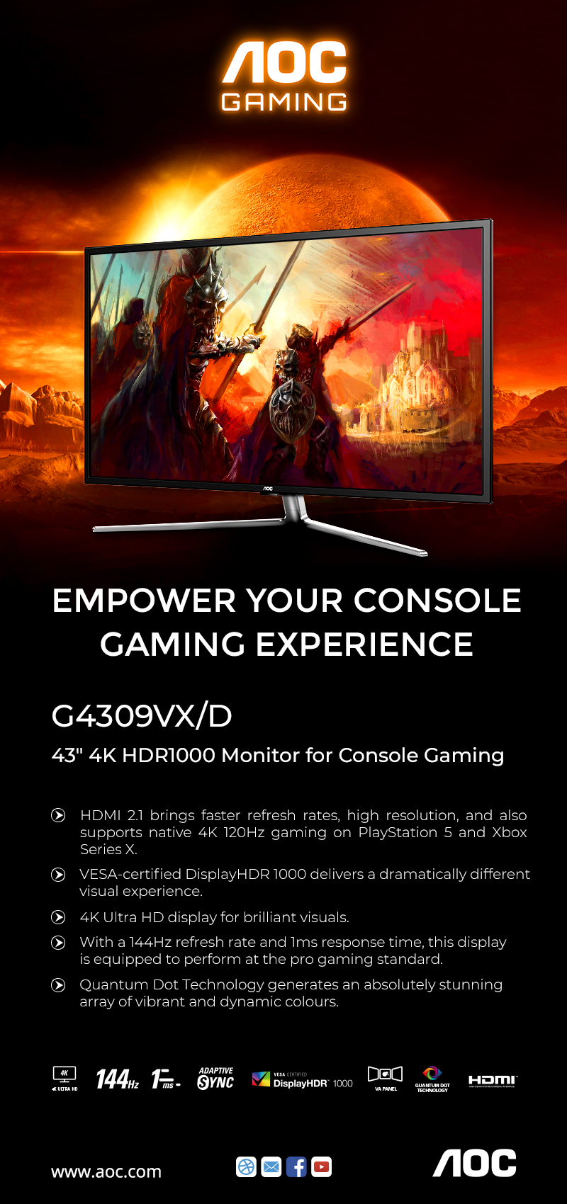 A large marketing image providing additional information about the product AOC G4309VX/D 43" UHD 144Hz VA Monitor  - Additional alt info not provided