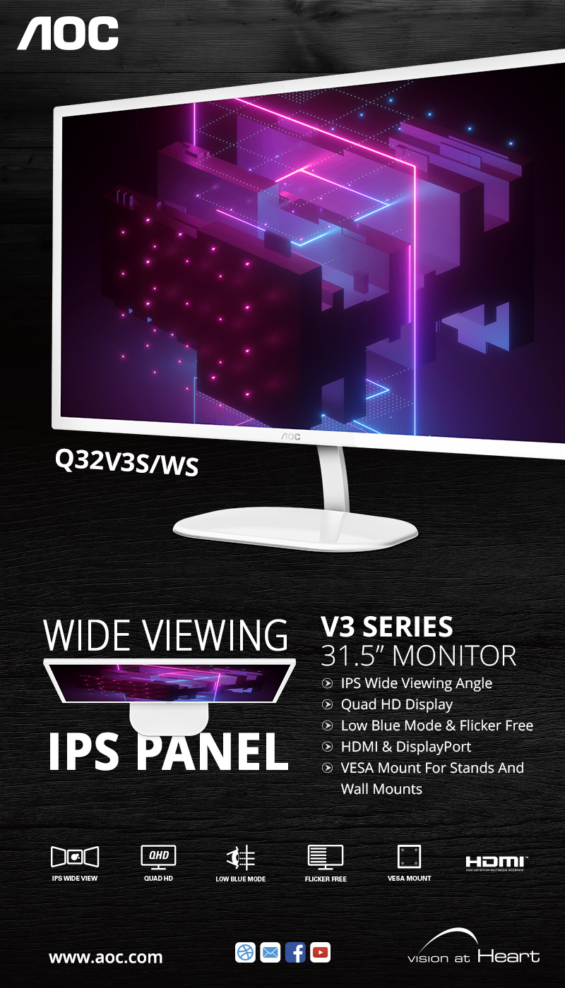 A large marketing image providing additional information about the product AOC Q32V3S/WS - 31.5" QHD 75Hz 4MS IPS Monitor - Additional alt info not provided