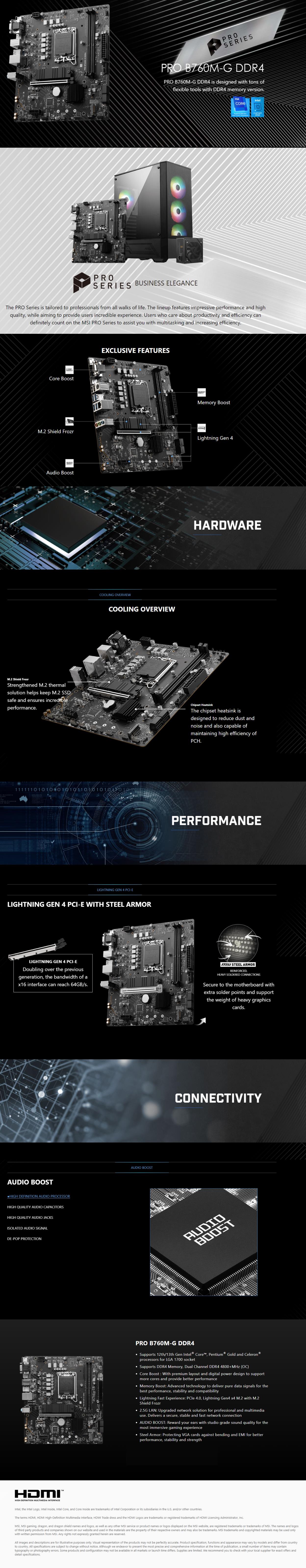 A large marketing image providing additional information about the product MSI PRO B760M-G DDR4 LGA1700 mATX Desktop Motherboard - Additional alt info not provided
