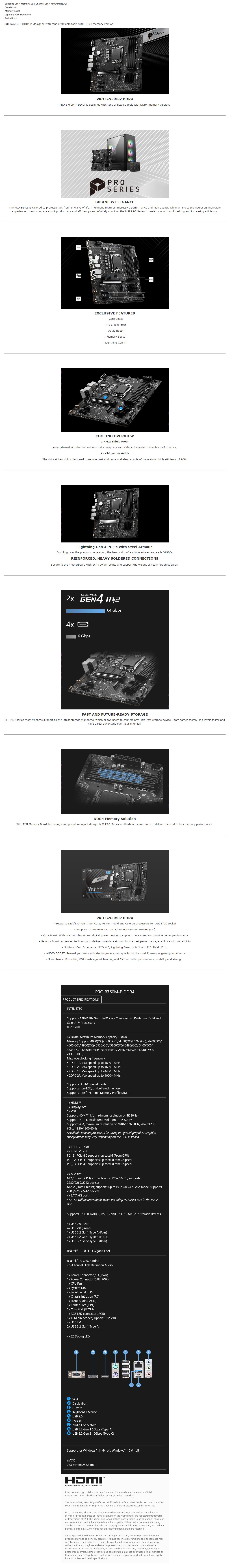 A large marketing image providing additional information about the product MSI PRO B760M-P DDR4 LGA1700 mATX Desktop Motherboard - Additional alt info not provided