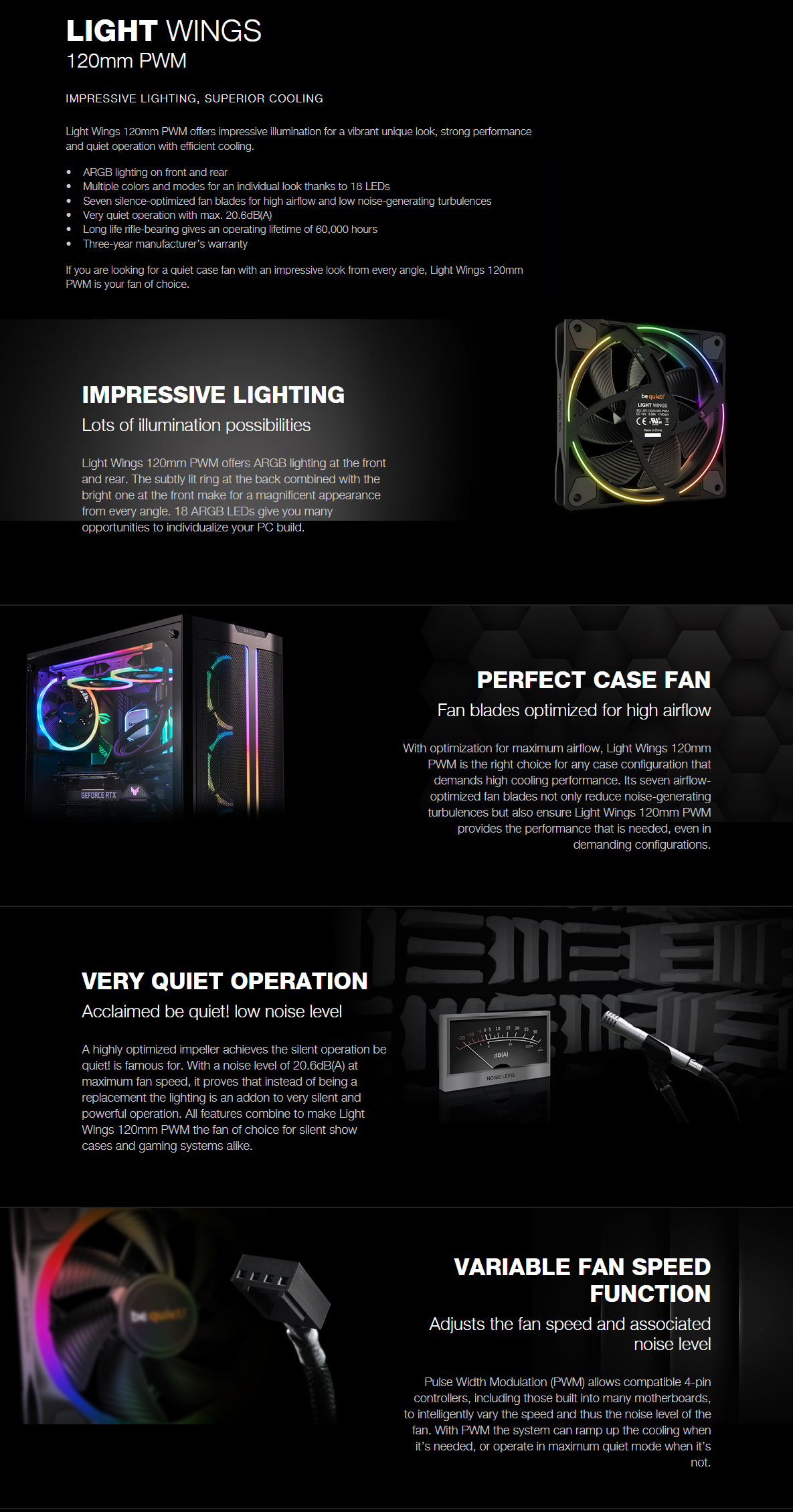 A large marketing image providing additional information about the product be quiet! Light Wings ARGB 120mm PWM Fan - Additional alt info not provided