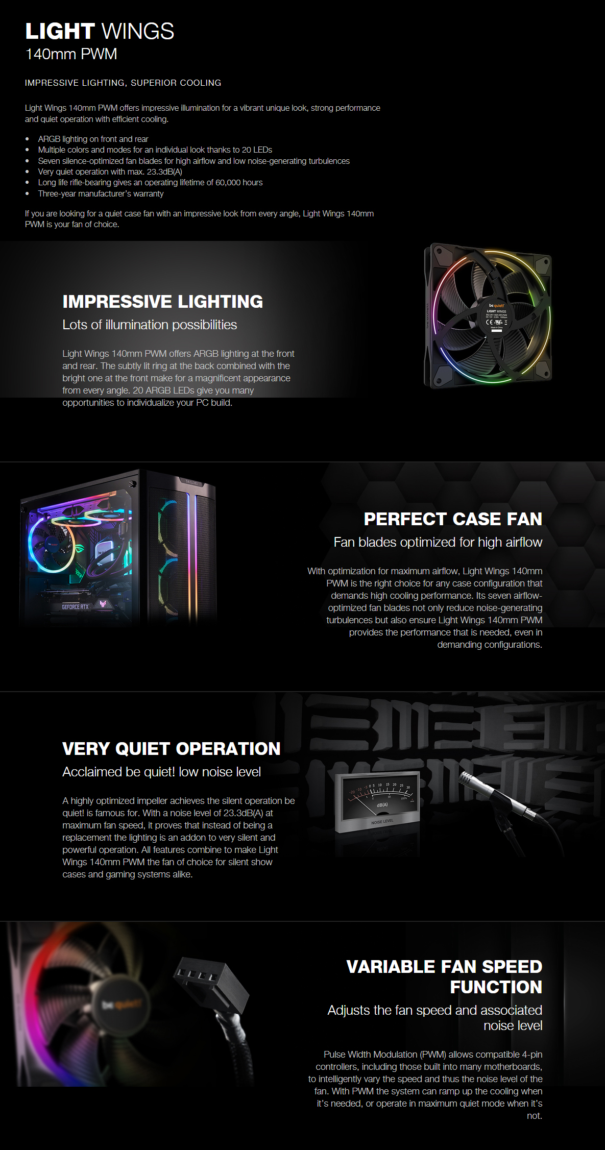 A large marketing image providing additional information about the product be quiet! Light Wings ARGB 140mm PWM Fan - Additional alt info not provided