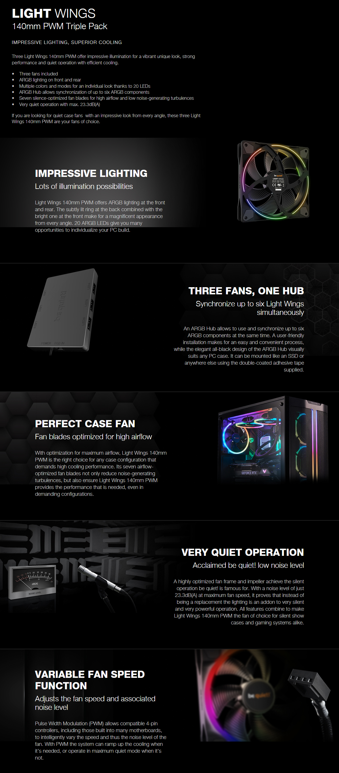 A large marketing image providing additional information about the product be quiet! Light Wings ARGB 140mm PWM Fan - Triple-Pack - Additional alt info not provided