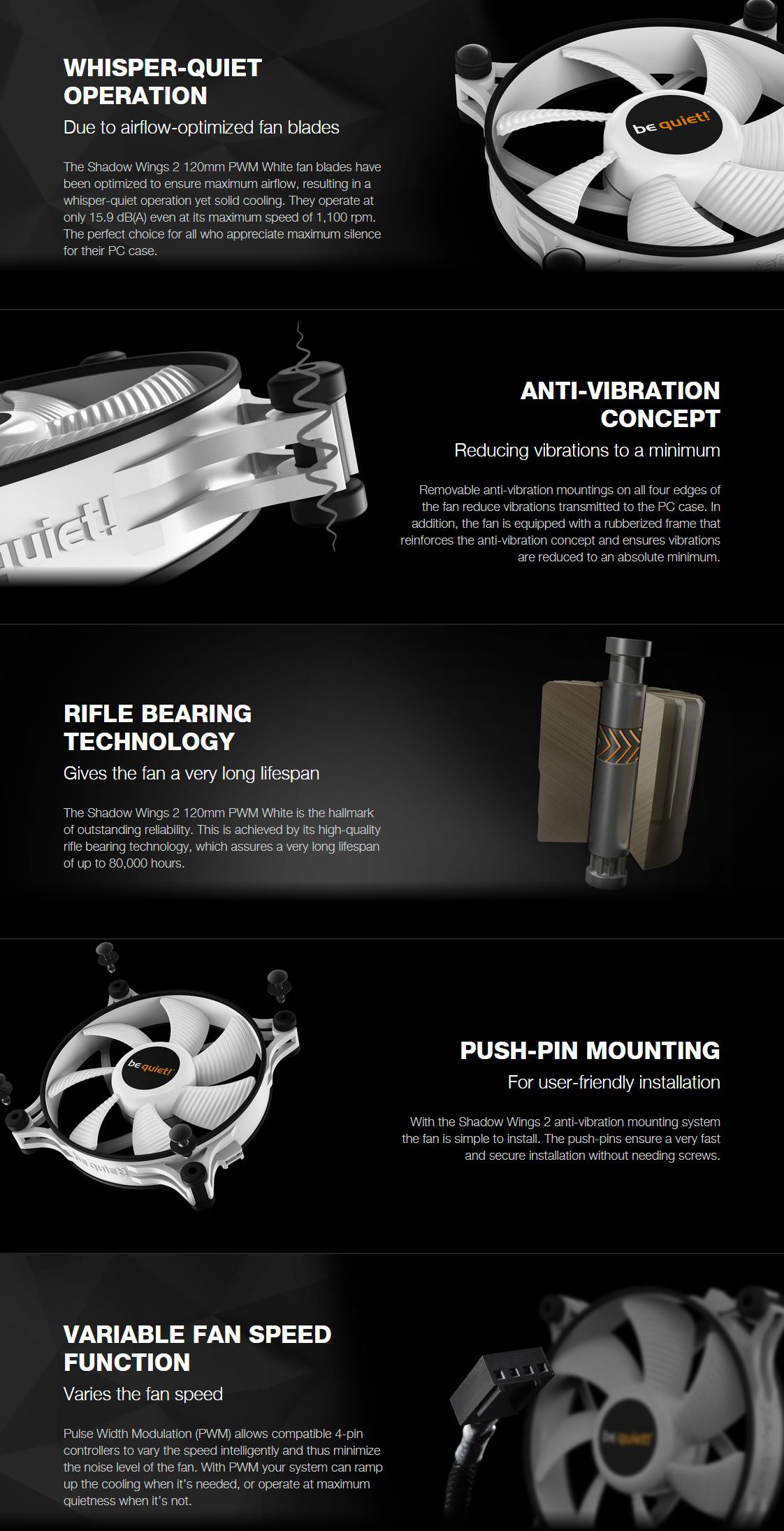A large marketing image providing additional information about the product be quiet! Shadow Wings 2 WHITE 120mm PWM Fan - Additional alt info not provided