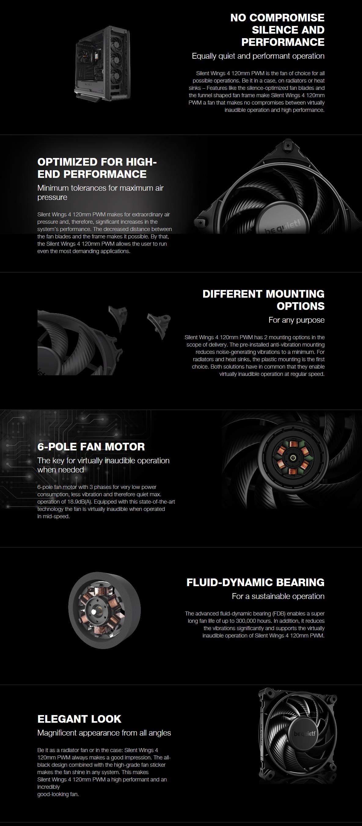 A large marketing image providing additional information about the product be quiet! SILENT WINGS 4 120mm PWM Fan - Additional alt info not provided