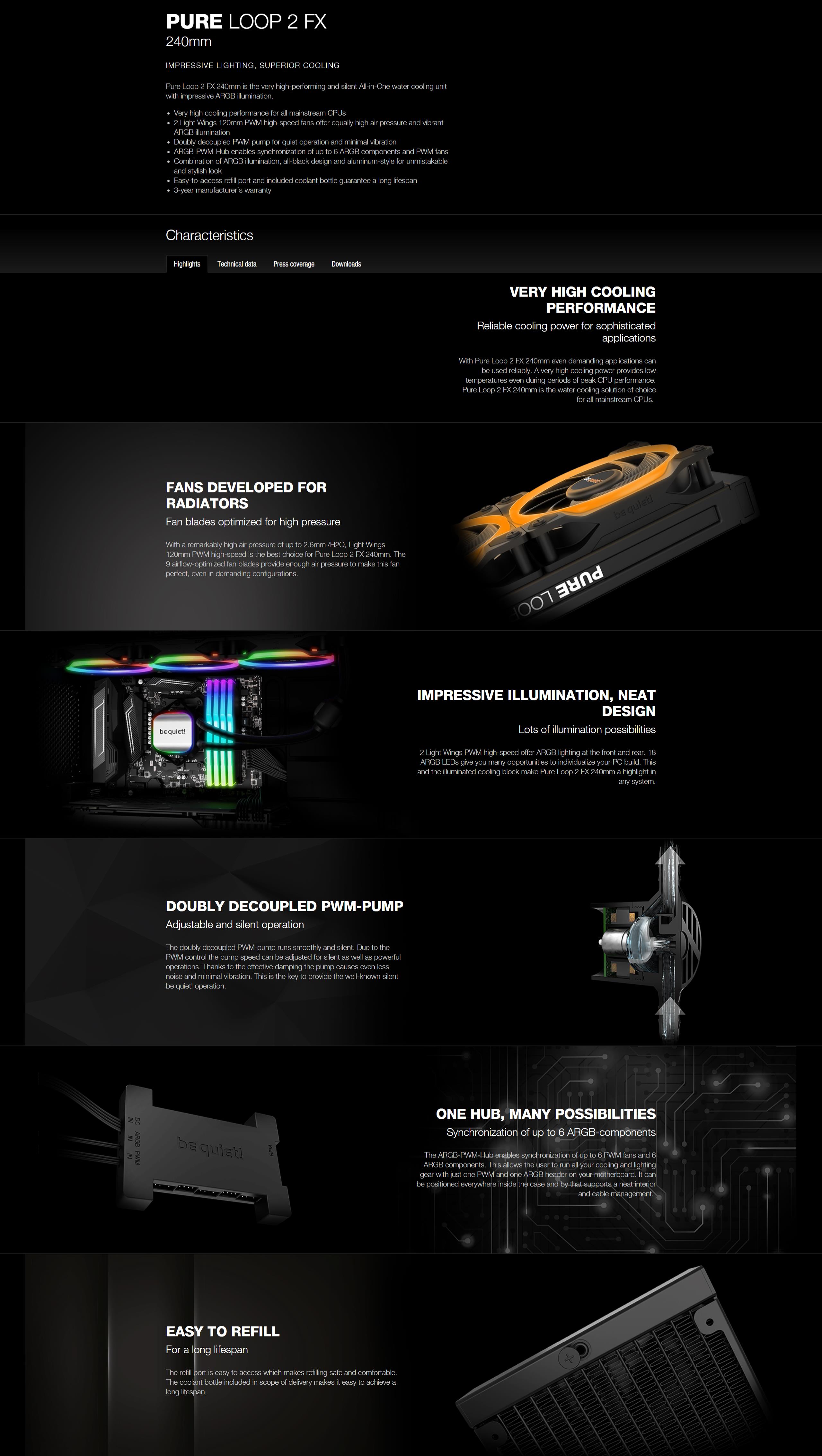 A large marketing image providing additional information about the product be quiet! Pure Loop 2 FX 240mm AIO CPU Cooler - Additional alt info not provided