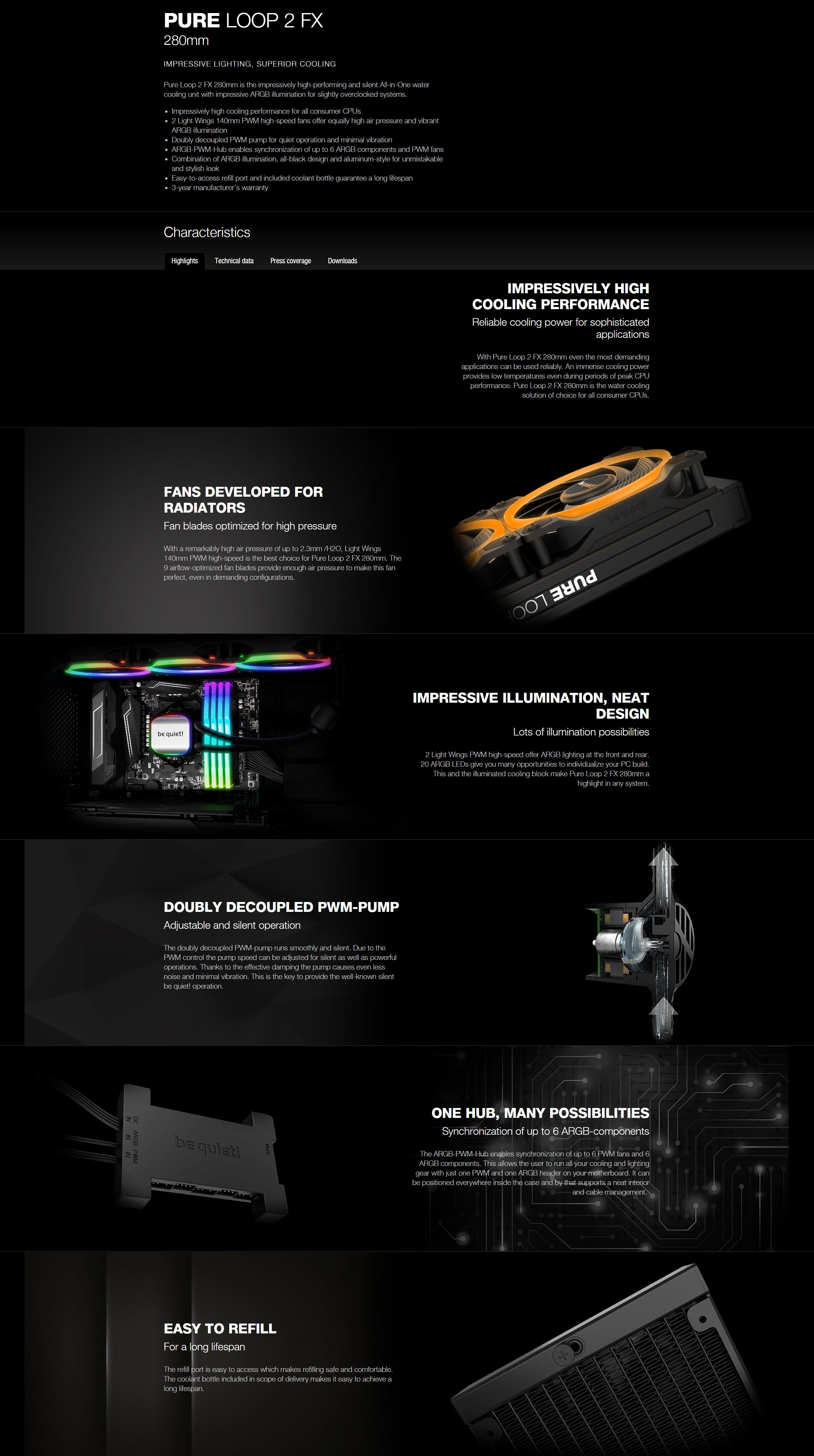 A large marketing image providing additional information about the product be quiet! Pure Loop 2 FX 280mm AIO CPU Cooler - Additional alt info not provided