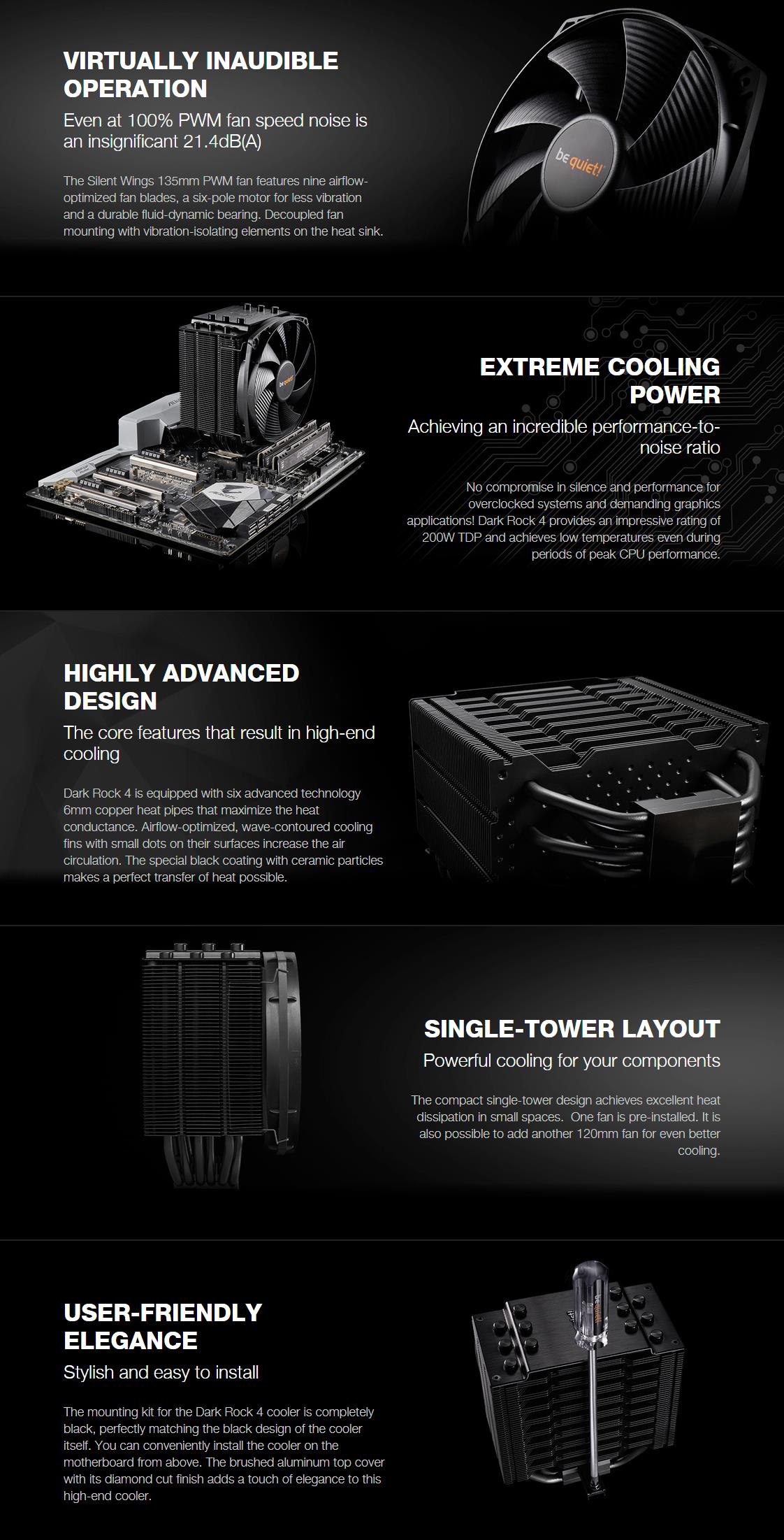 A large marketing image providing additional information about the product be quiet! Dark Rock 4 CPU Cooler - Additional alt info not provided