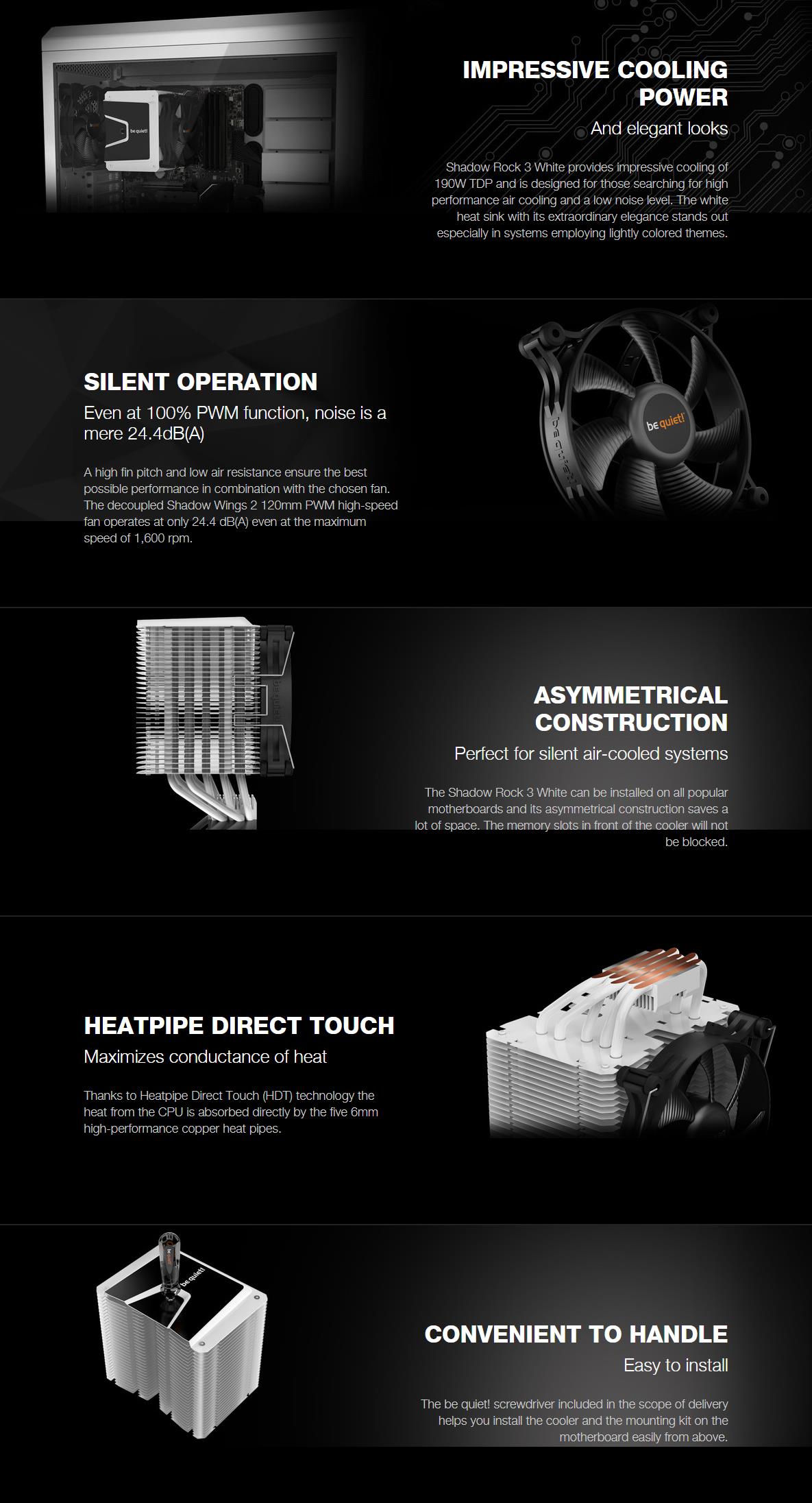 A large marketing image providing additional information about the product be quiet! Shadow Rock 3 CPU Cooler - White - Additional alt info not provided