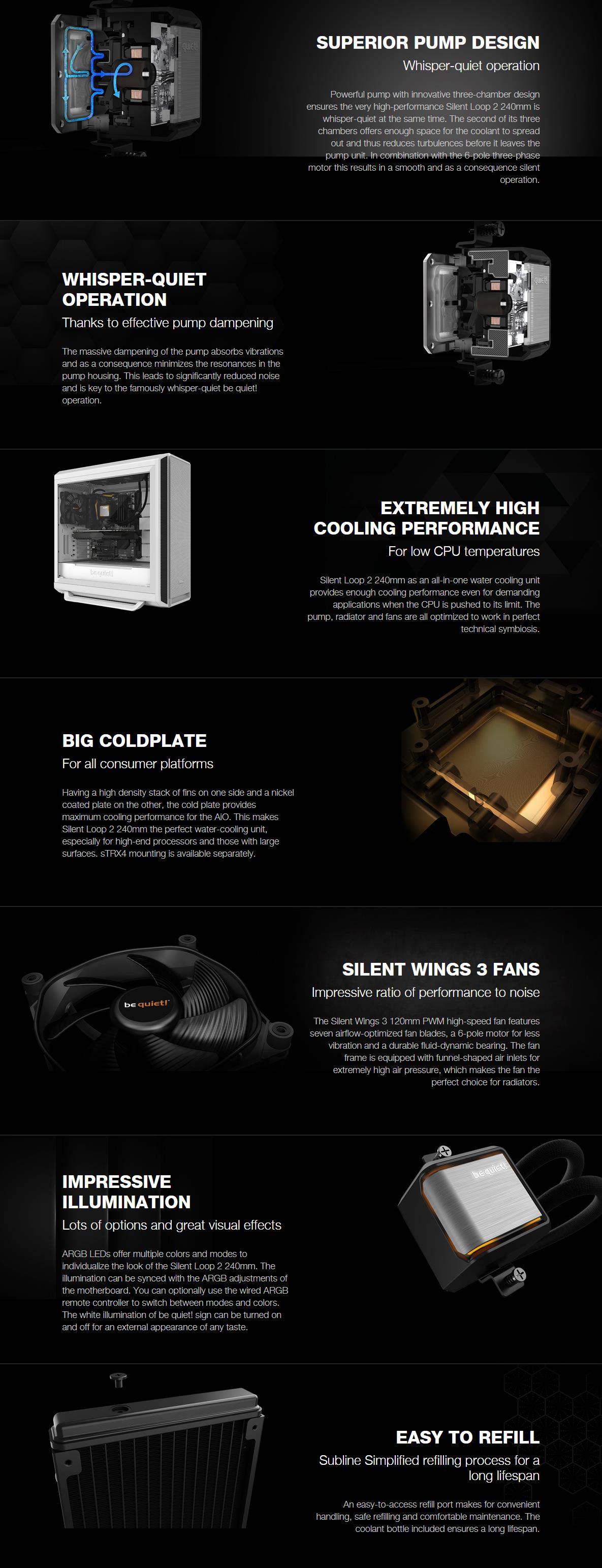 A large marketing image providing additional information about the product be quiet! Silent Loop 2 240mm AIO CPU Cooler - Additional alt info not provided