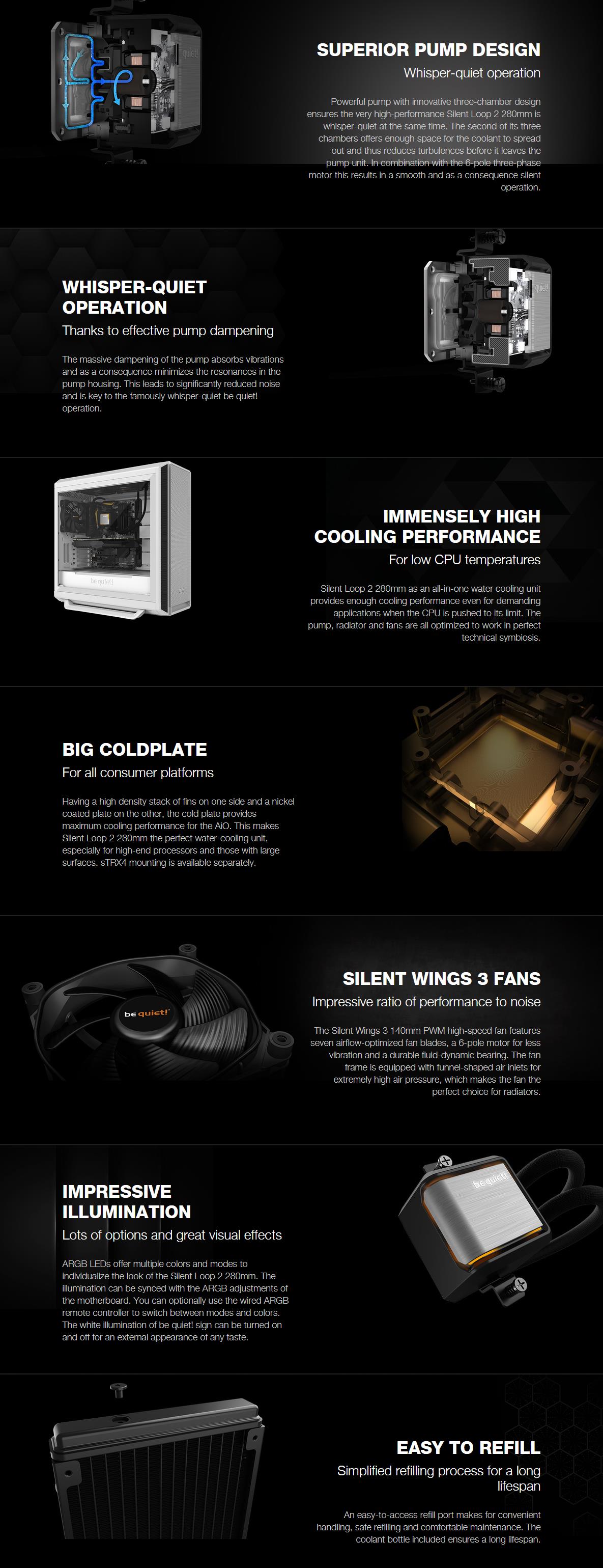 A large marketing image providing additional information about the product be quiet! Silent Loop 2 280mm AIO CPU Cooler - Additional alt info not provided