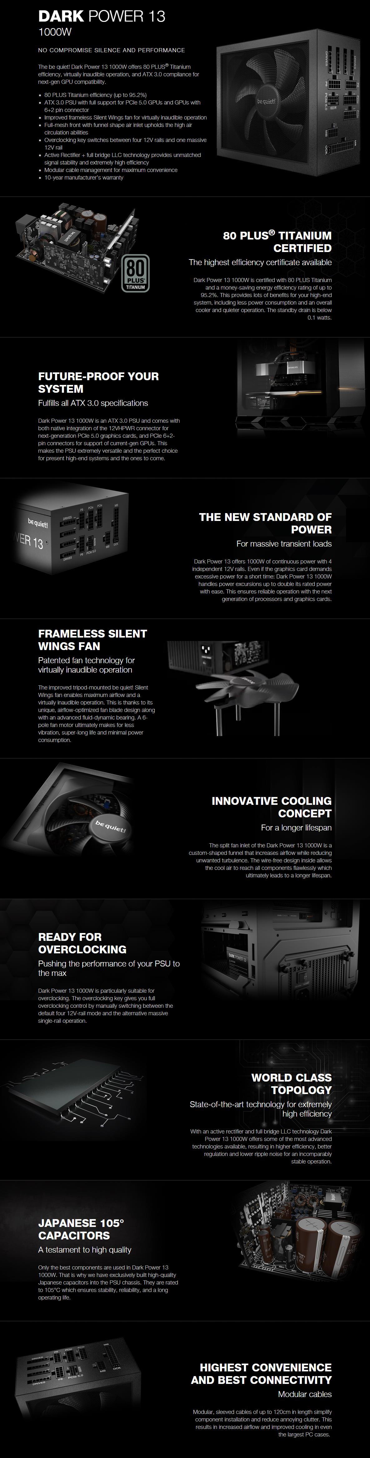 A large marketing image providing additional information about the product be quiet! Dark Power 13 1000W Titanium PCIe 5.0 Modular PSU - Additional alt info not provided