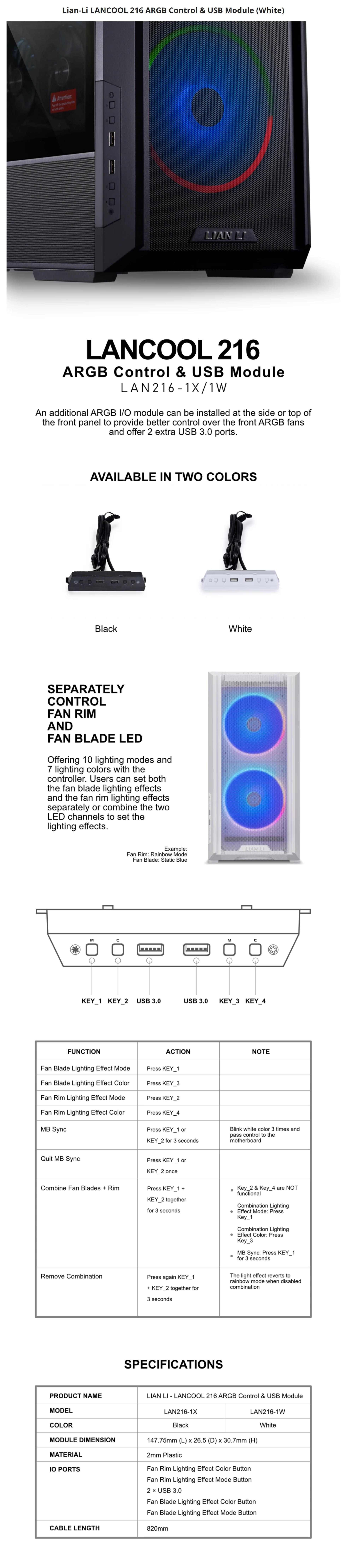A large marketing image providing additional information about the product Lian Li Lancool 216 ARGB Controller & USB Module - White - Additional alt info not provided