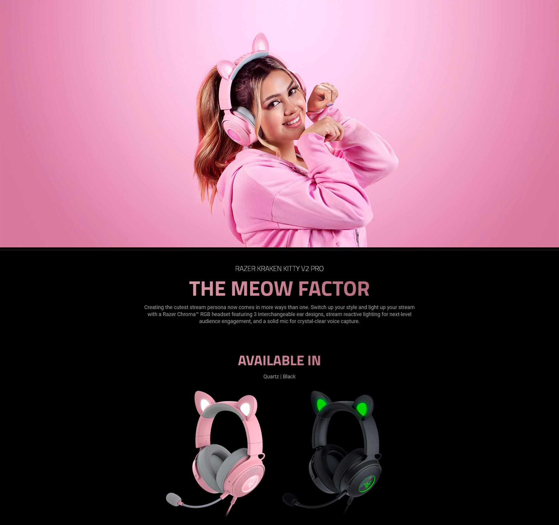 A large marketing image providing additional information about the product Razer Kraken Kitty V2 Pro - Wired RGB Headset with Interchangeable Ears (Quartz Pink) - Additional alt info not provided