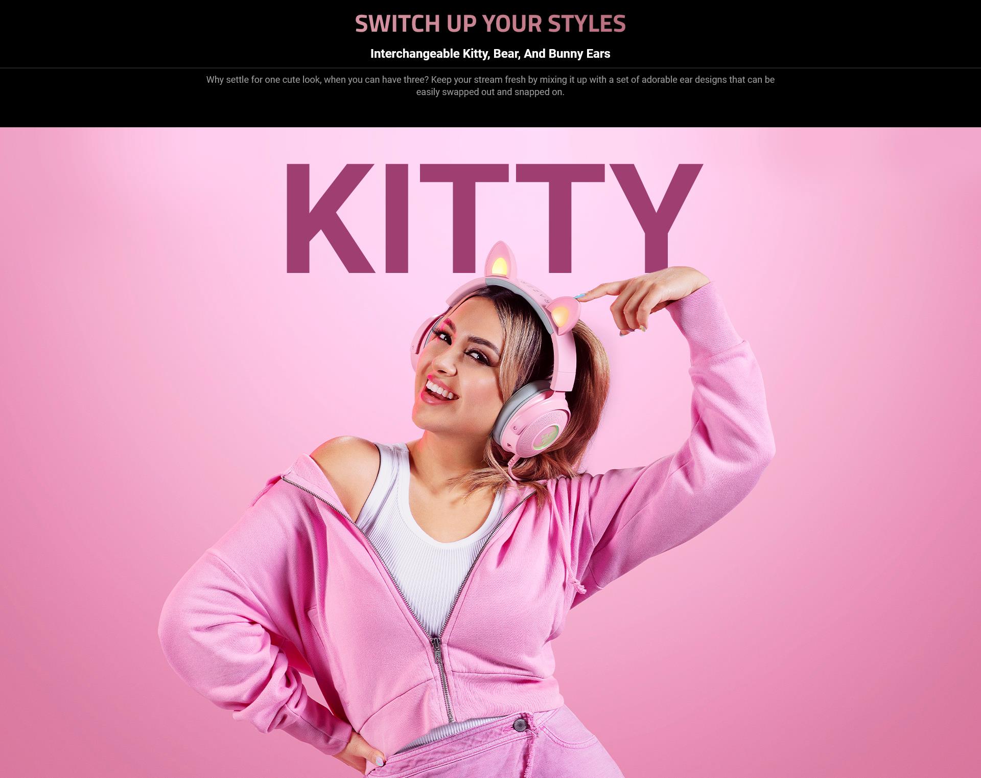 A large marketing image providing additional information about the product Razer Kraken Kitty V2 Pro - Wired RGB Headset with Interchangeable Ears (Quartz Pink) - Additional alt info not provided