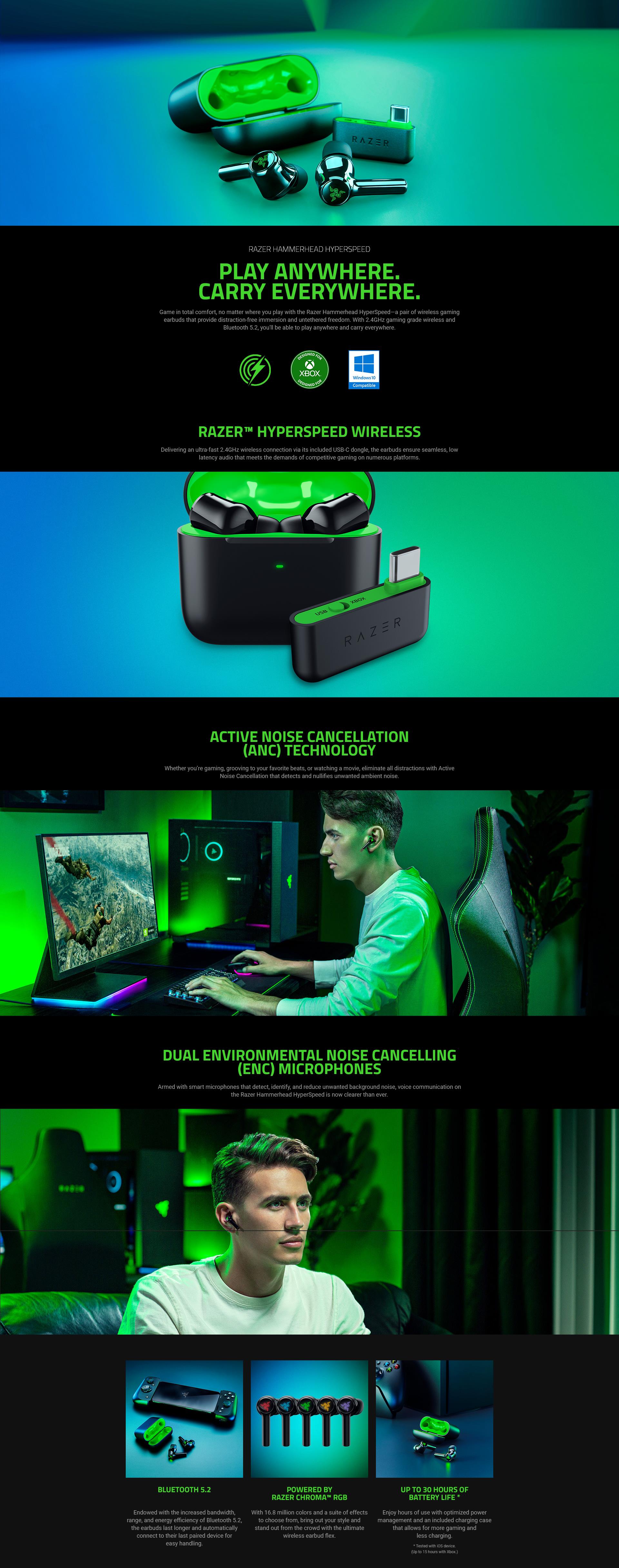 A large marketing image providing additional information about the product Razer Hammerhead HyperSpeed - Wireless Multi-Platform Gaming Earbuds (Xbox Licensed) - Additional alt info not provided