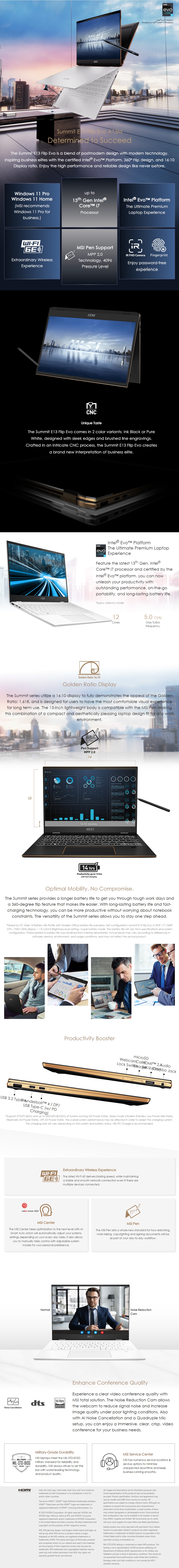 A large marketing image providing additional information about the product MSI Summit E13 Flip Evo (A13M) - 13.4" 120Hz Touch, 13th Gen i7, 16GB/512GB - Win 11 Pro Notebook - Additional alt info not provided