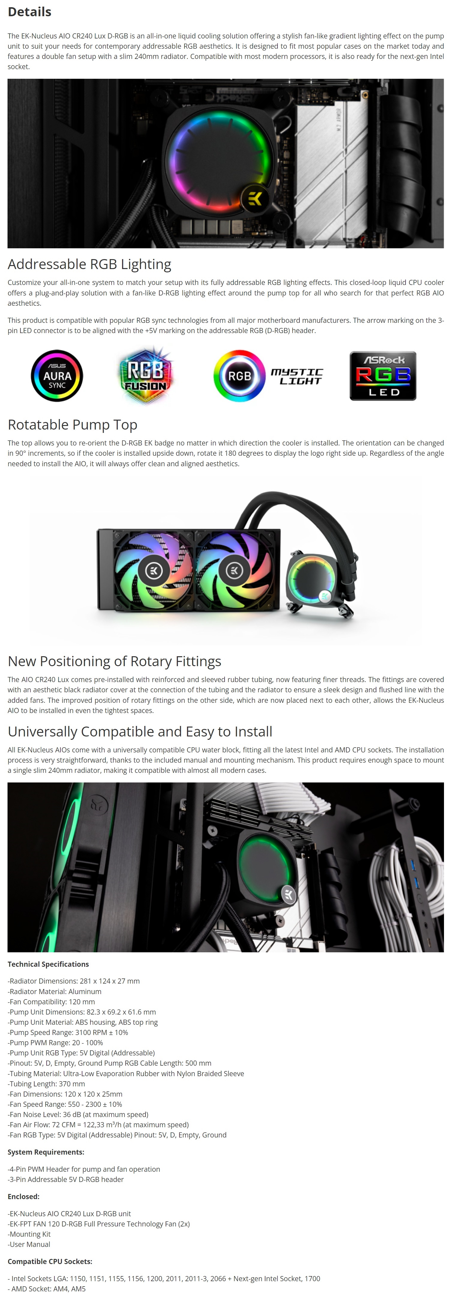 A large marketing image providing additional information about the product EK Nucleus 240mm Lux D-RGB AIO Liquid CPU Cooler - Black - Additional alt info not provided