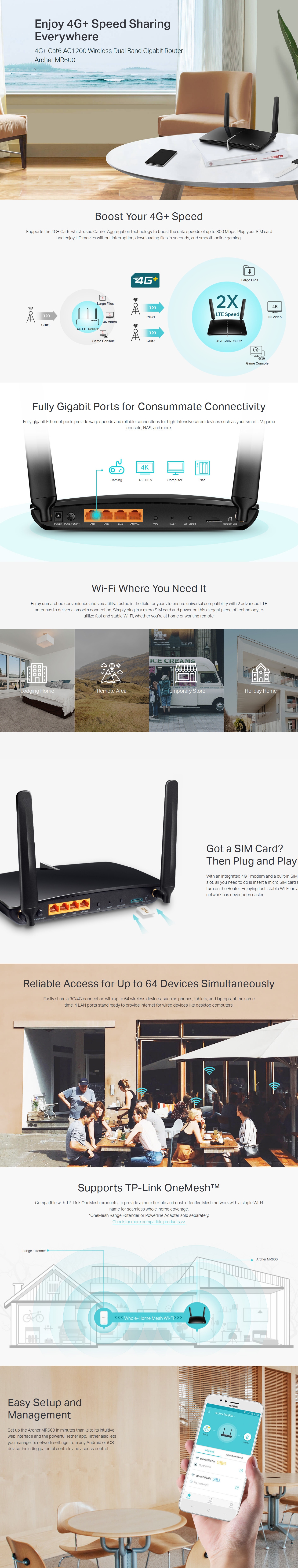 A large marketing image providing additional information about the product TP-Link Archer MR600 - AC1200 Dual-Band 4G+ CAT6 Wi-Fi 5 Router - Additional alt info not provided