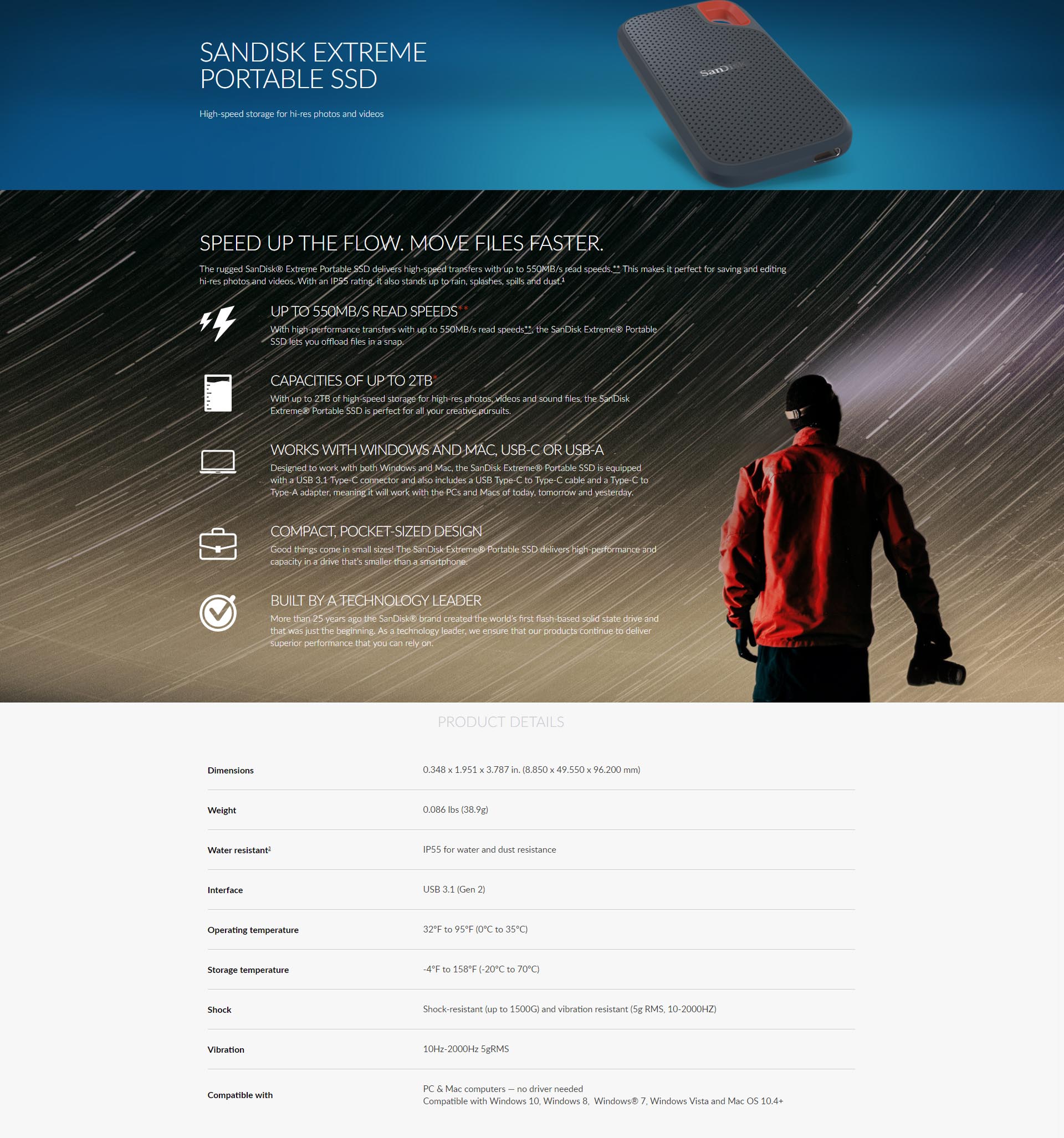 A large marketing image providing additional information about the product SanDisk Extreme Portable 1TB SSD USB3.1 and Type-C - Additional alt info not provided