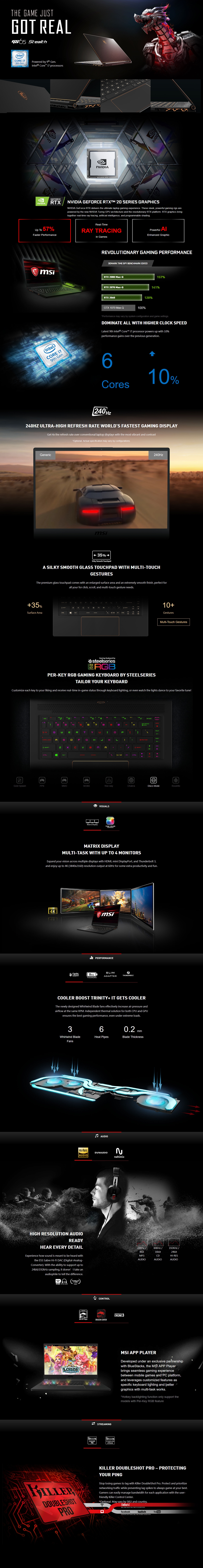 A large marketing image providing additional information about the product MSI GS65 Stealth 9SG-435AU 15.6" i7 RTX2080 Windows 10 Gaming Notebook - Additional alt info not provided