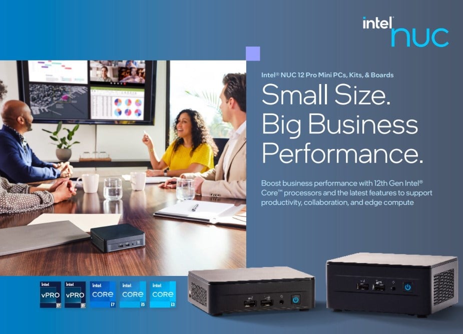 A large marketing image providing additional information about the product Intel NUC 12 Pro Wall Street Canyon i5 Slim Barebones Mini PC - Additional alt info not provided