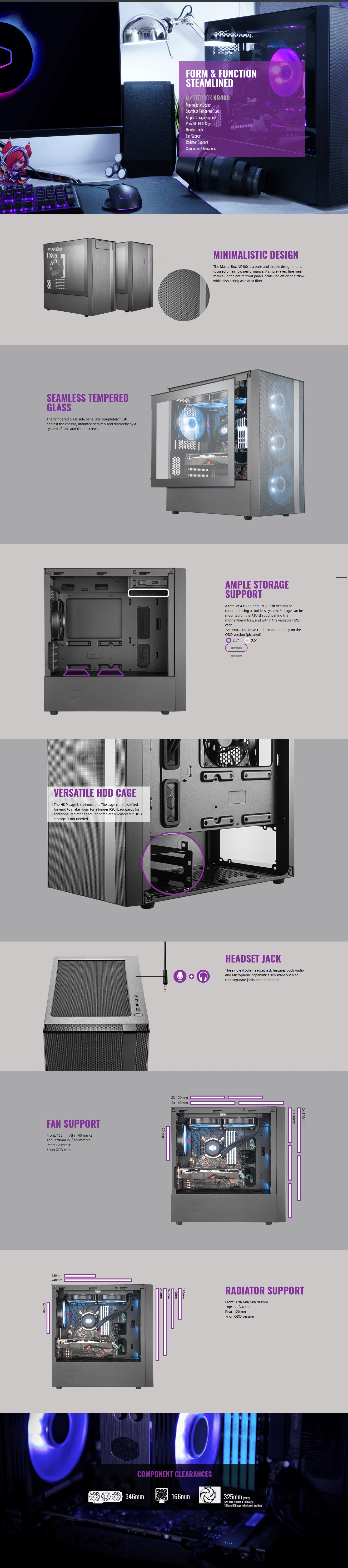 A large marketing image providing additional information about the product Cooler Master MasterBox NR400 Tempered Glass mATX Case - Black - Additional alt info not provided