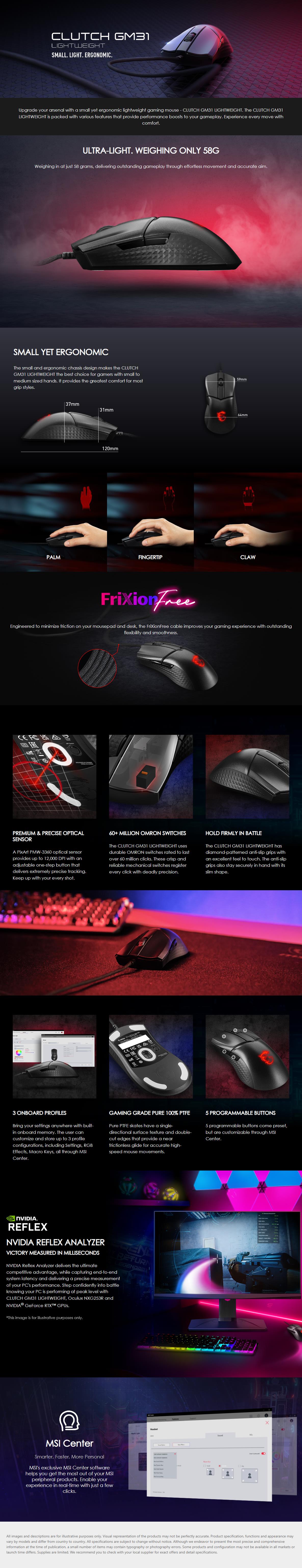 A large marketing image providing additional information about the product MSI Clutch GM31 Lightweight Gaming Mouse - Additional alt info not provided