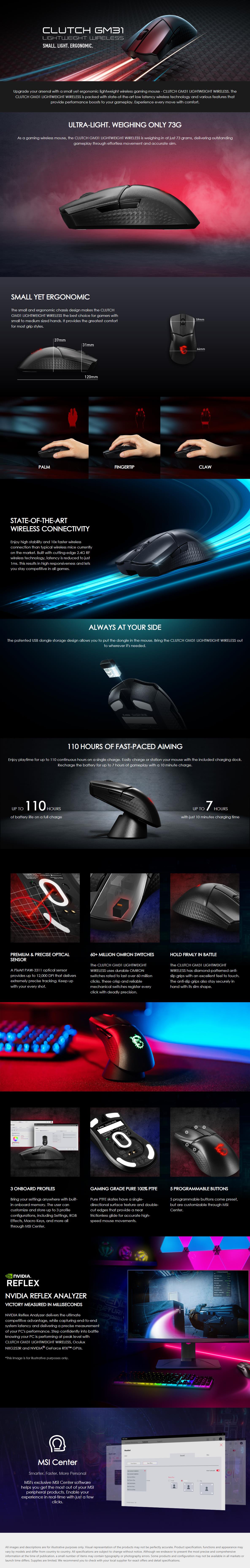 A large marketing image providing additional information about the product MSI Clutch GM31 Lightweight Wireless Gaming Mouse - Additional alt info not provided