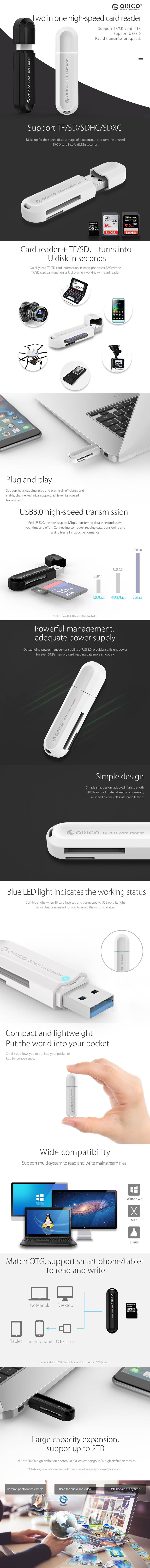 A large marketing image providing additional information about the product ORICO USB3.0 TF/SD Card Reader Black - Additional alt info not provided