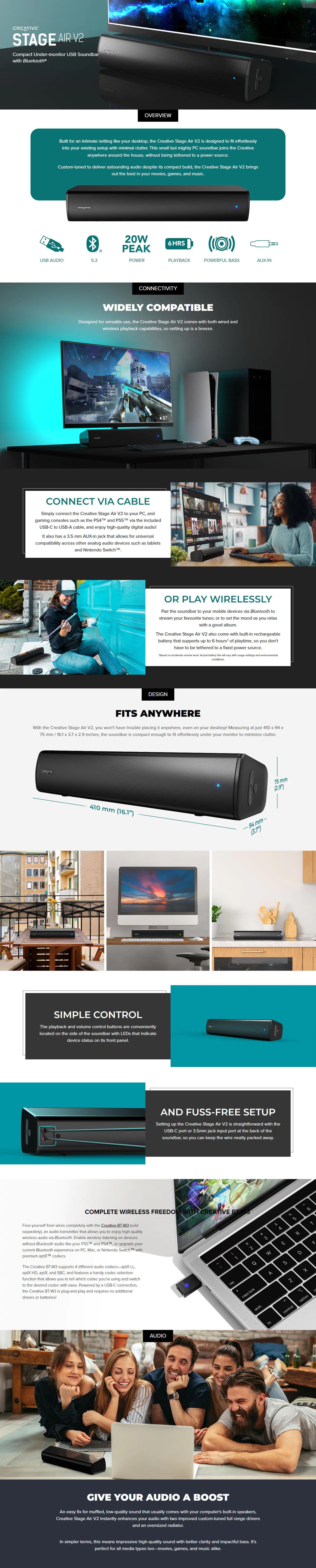 A large marketing image providing additional information about the product Creative Stage AIR V2 Bluetooth Under-Monitor Speaker - Black - Additional alt info not provided