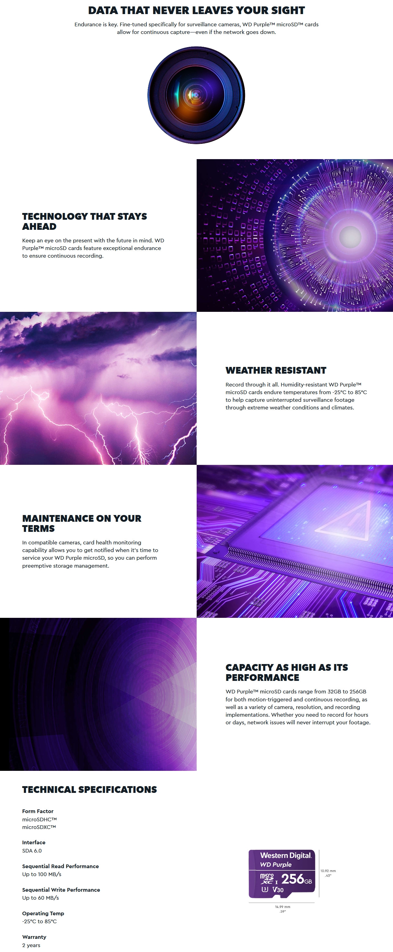 A large marketing image providing additional information about the product WD Purple 128GB Surveillance microSD Card - Additional alt info not provided