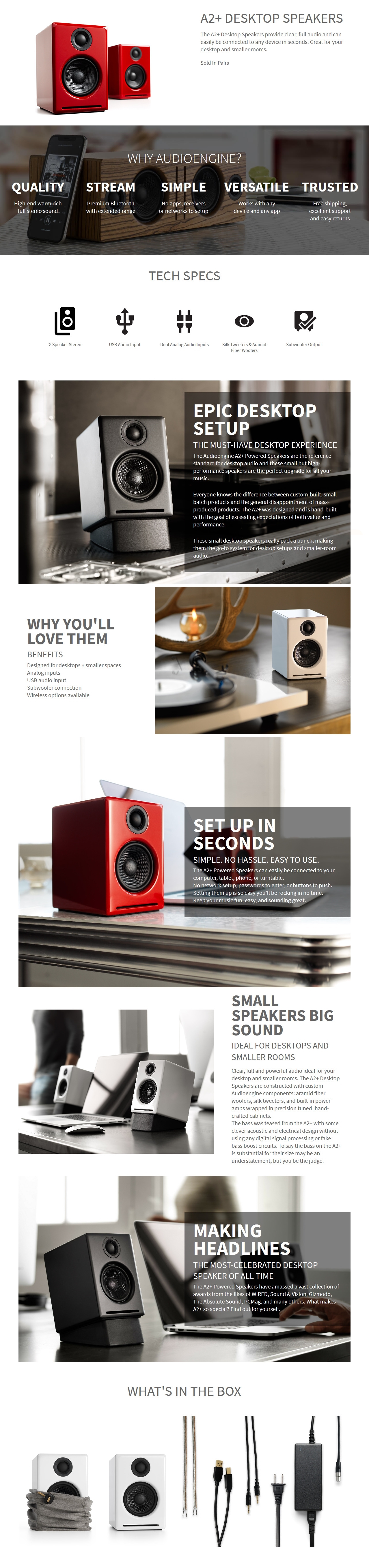 A large marketing image providing additional information about the product Audioengine A2+ Powered Wireless Desktop Speakers - Gloss Red - Additional alt info not provided