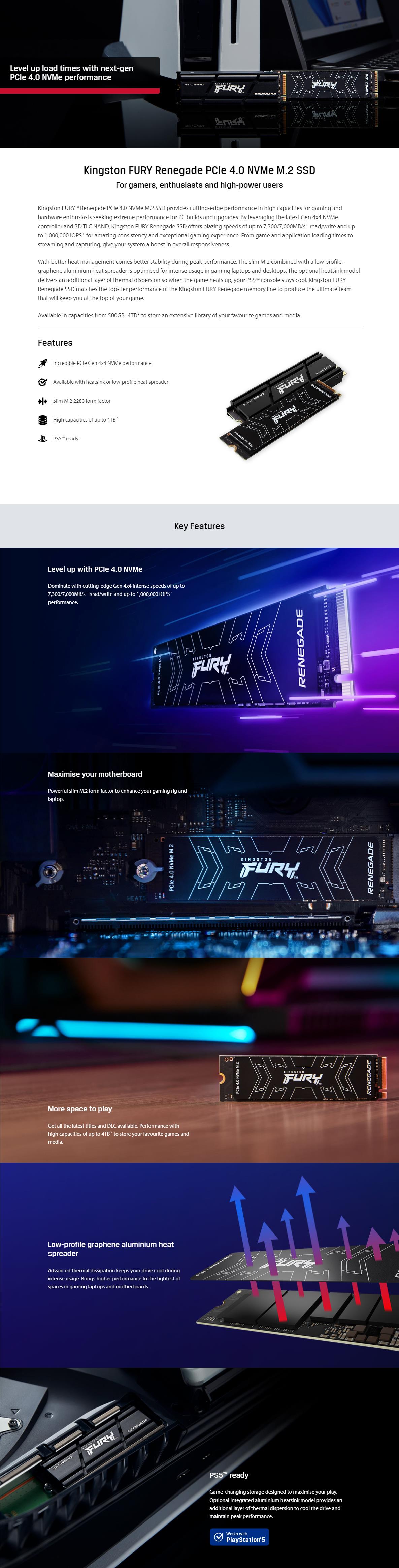 A large marketing image providing additional information about the product Kingston FURY Renegade w/Heatsink PCIe Gen4 NVMe M.2 SSD - 500GB - Additional alt info not provided