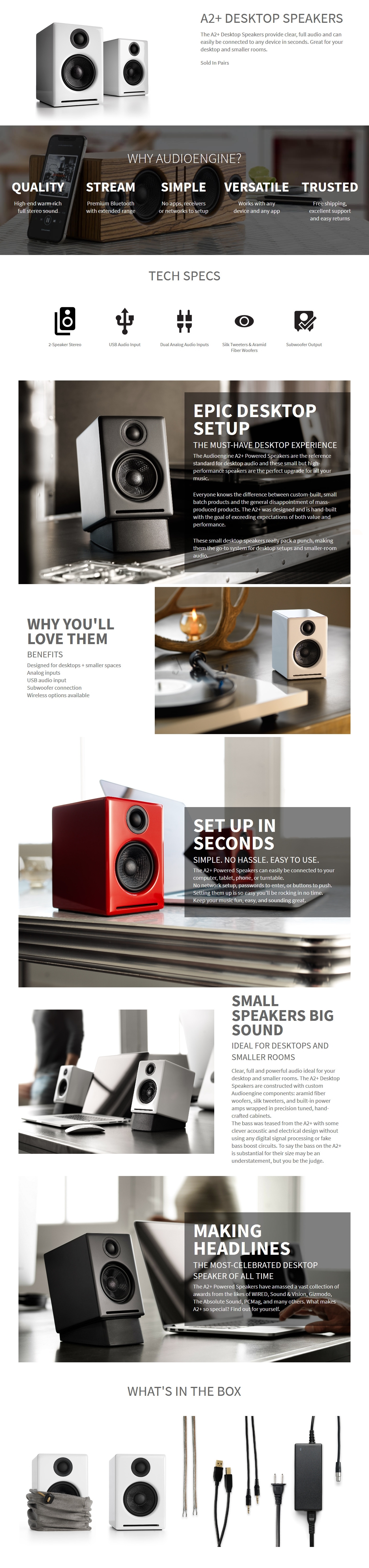 A large marketing image providing additional information about the product Audioengine A2+ Wireless - Desktop Speakers (Gloss White) - Additional alt info not provided