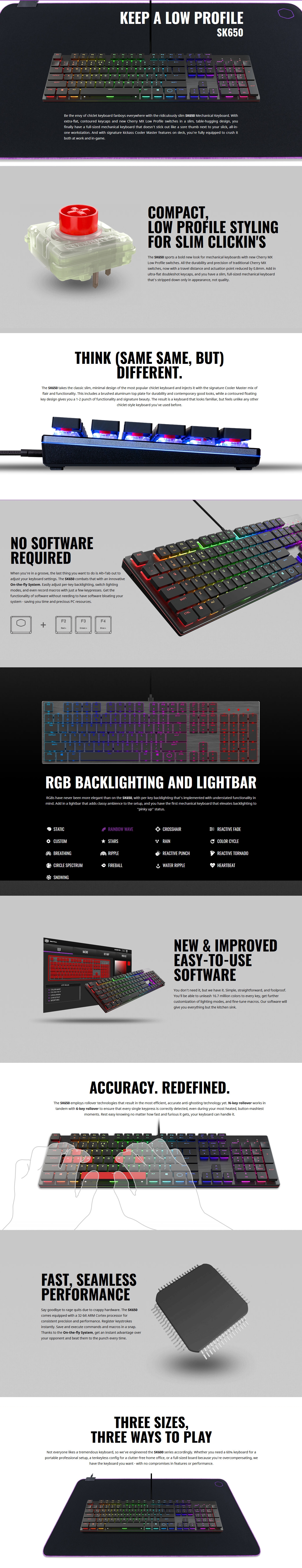 A large marketing image providing additional information about the product Cooler Master MasterKeys SK650 RGB Mechanical Keyboard (MX Low Profile Red)  - Additional alt info not provided