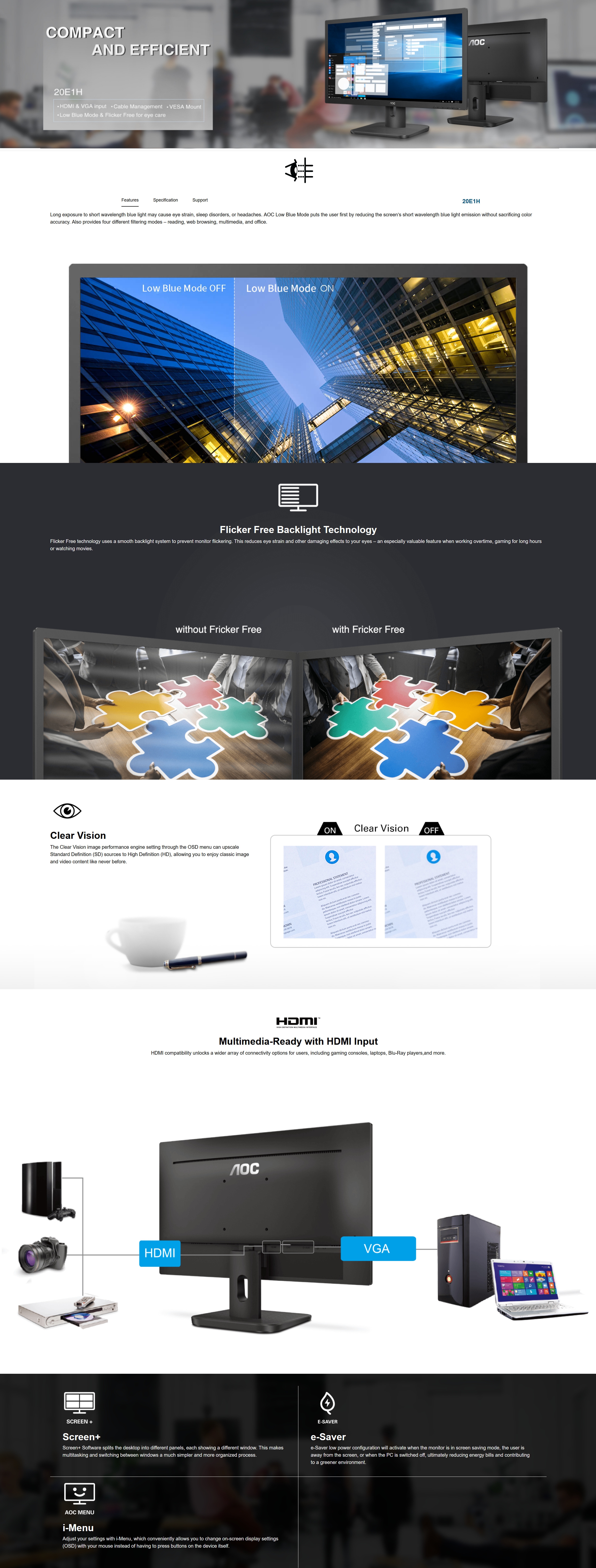 A large marketing image providing additional information about the product AOC 20E1H 19.5" HD+ 5MS LED Monitor - Additional alt info not provided