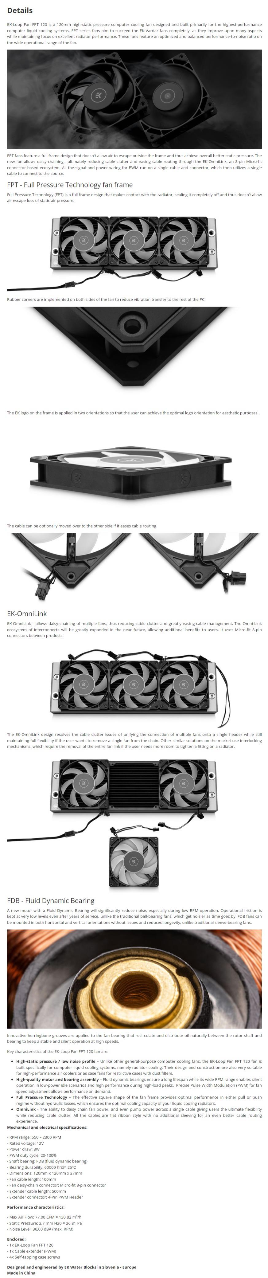 A large marketing image providing additional information about the product EK Loop FPT 120mm Fan - Black  - Additional alt info not provided