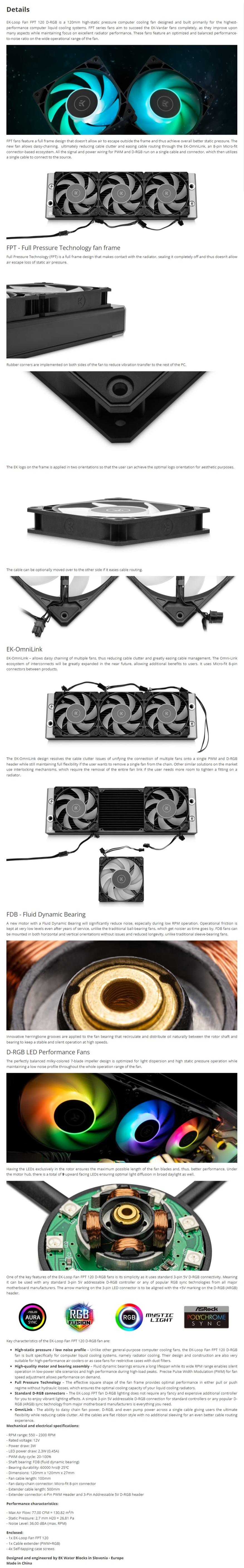 A large marketing image providing additional information about the product EK Loop FPT D-RGB 120mm Fan - Black - Additional alt info not provided