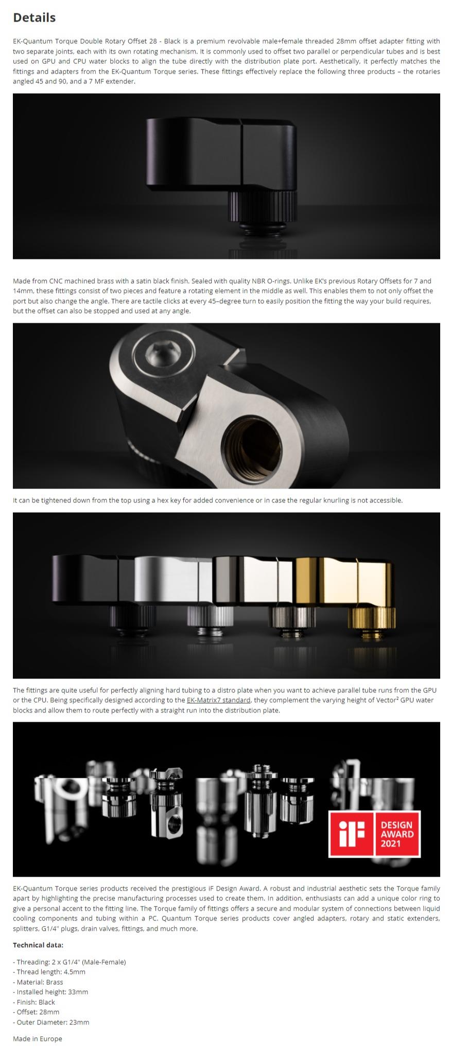 A large marketing image providing additional information about the product EK Quantum Torque Double Rotary Offset 28 - Black - Additional alt info not provided