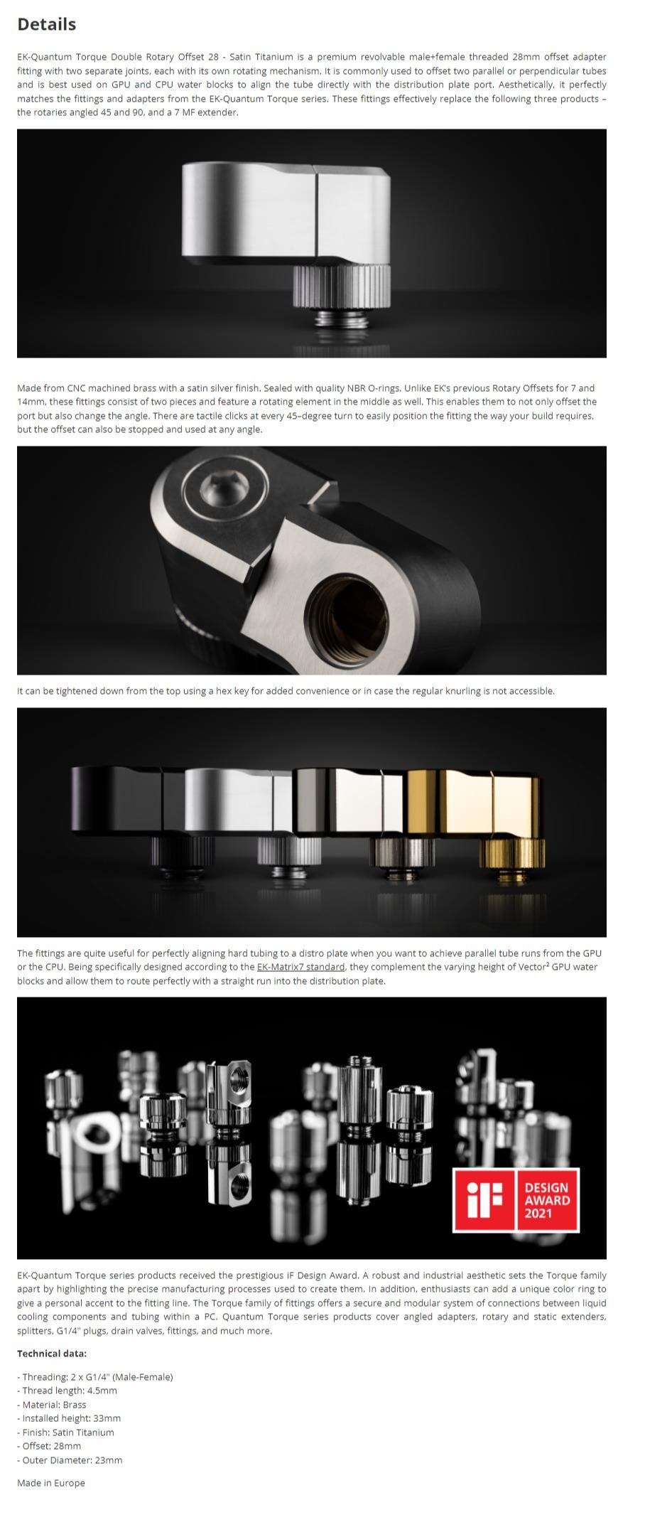 A large marketing image providing additional information about the product EK Quantum Torque Double Rotary Offset 28 - Satin Titanium - Additional alt info not provided