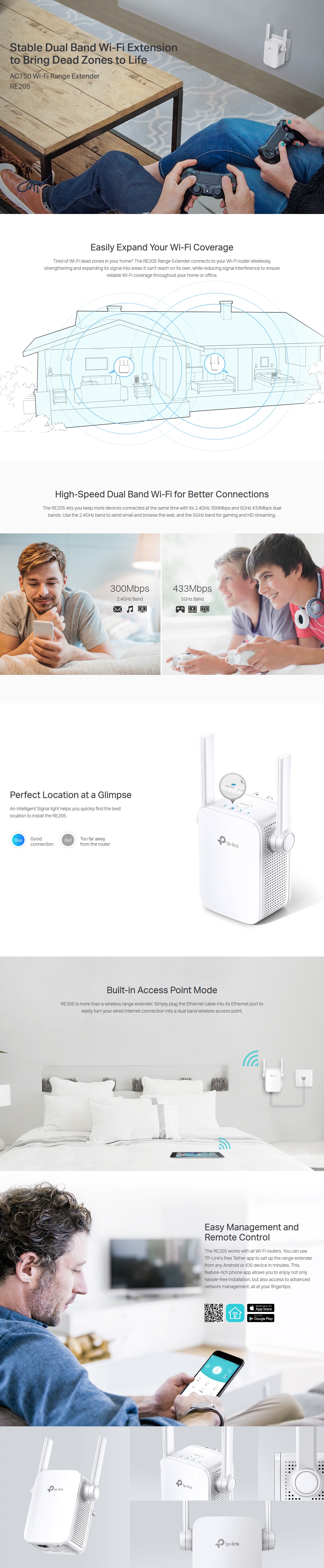 A large marketing image providing additional information about the product TP-Link RE205 AC750 Wi-Fi Range Extender - Additional alt info not provided