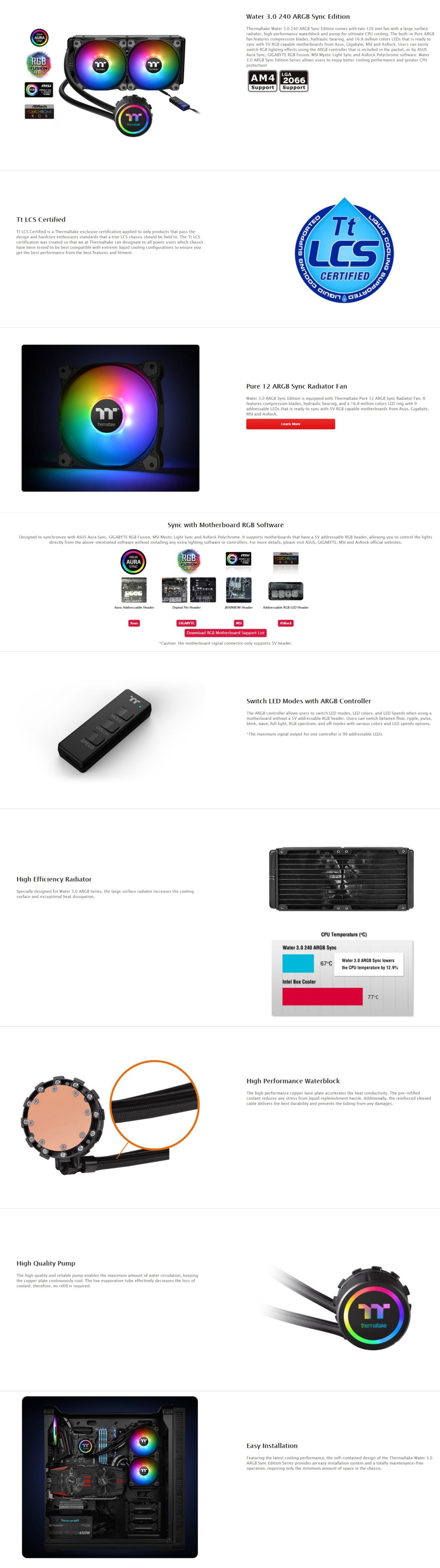 A large marketing image providing additional information about the product Thermaltake Water 3.0 240 Addressable RGB CPU Liquid Cooler - Additional alt info not provided