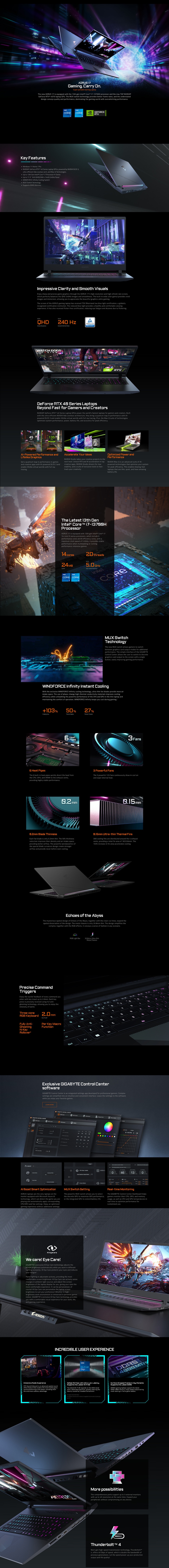 A large marketing image providing additional information about the product Gigabyte AORUS 17 BSF-73AU654SH 17.3" 240Hz 13th Gen i7 13700H RTX 4070 Win 11 Gaming Notebook - Additional alt info not provided